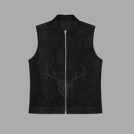 Ironveil Distressed Zipper Leather Vest in black cowhide leather displayed front-facing. Features a rugged weathered texture, dual front pockets, and antique brass zipper closure. Designed for bikers and outdoor enthusiasts. Fully customizable leather vest for men, ideal for riding gear and club outfits.