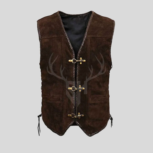 Outlaw Spirit chocolate brown suede leather vest made from nubuck cowhide, featuring ribbed shoulder design, hook closure front, and smooth polyester inner lining.