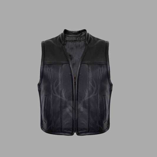 Frontal view of the ProRider black leather vest laid flat to display the smooth grain cowhide leather surface, featuring snap waist pockets, vertical chest zippers, ban collar, and full-length zipper closure. Ideal motorcycle club vest for customization with patches, engravings, and personal insignias. Breathable polyester interior ensures rider comfort during long trips.