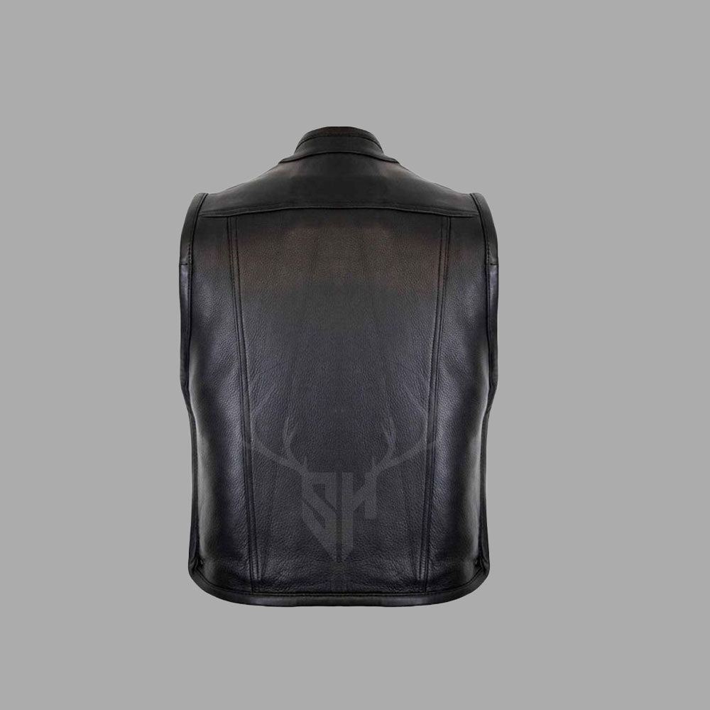 Rear image showing the clean, patch-ready back panel of the ProRider motorcycle vest in rugged black cowhide leather. Designed for bikers and motorcycle clubs, the back of this vest offers a large smooth leather canvas perfect for embroidery, club logos, or personalization. High-quality stitching enhances the durability and style of this modern rider vest.