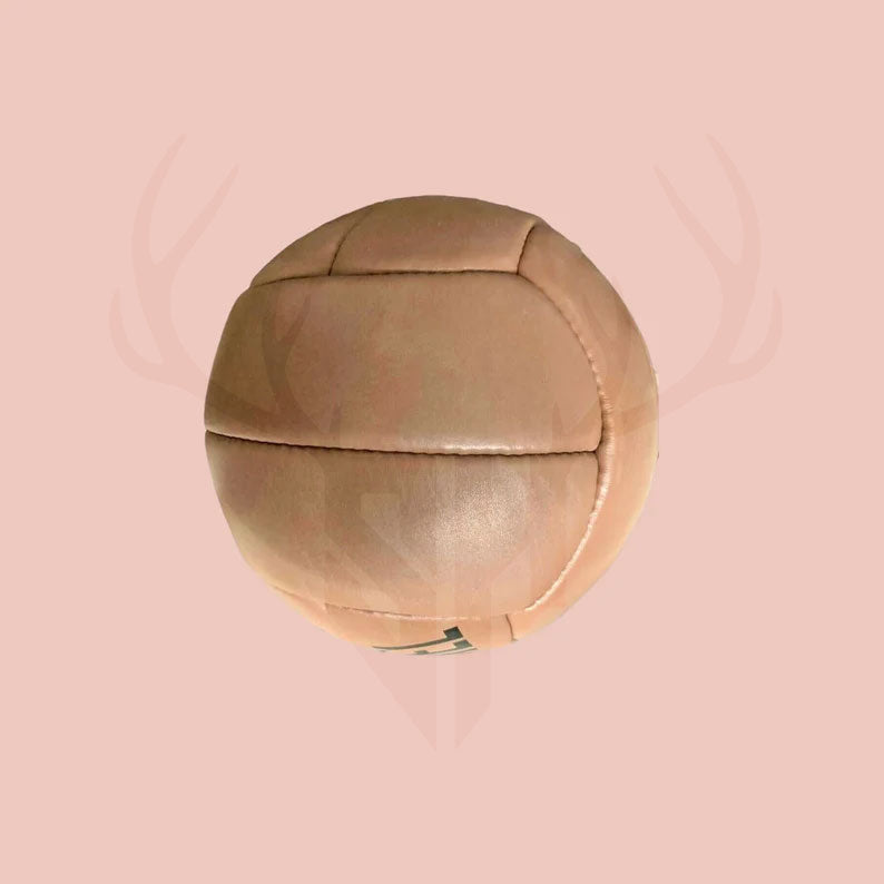 Rear view of the 1938 vintage leather soccer ball displaying the rubber valve area with subtle stitching—built for durability while retaining vintage appeal. Ideal for collectors and display in offices, man caves, or museums.