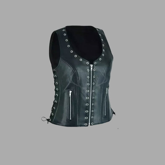 Rebel Rider Women's Studded Leather Vest in A+ cowhide leather shown on female biker, featuring metal studs and side laces, ideal for motorcycle club wear or road gear.
