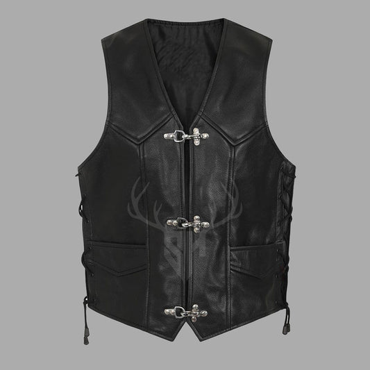 RiderX black cowhide leather biker vest for men featuring side lace closures, secure hook front, and four external pockets. Ideal for motorcycle club riders, this customizable leather vest offers rugged style and is handcrafted from premium cowhide for long-lasting durability and bold streetwear fashion.
