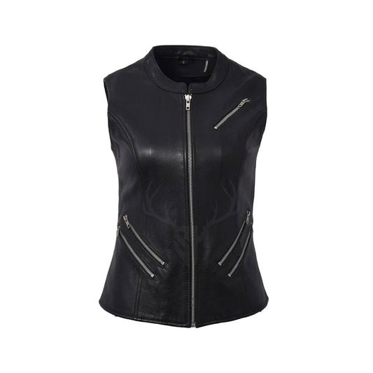 ShadowRider Femme women’s biker vest in premium black cowhide leather with zippered closure, tailored for female riders seeking rugged club-style gear.