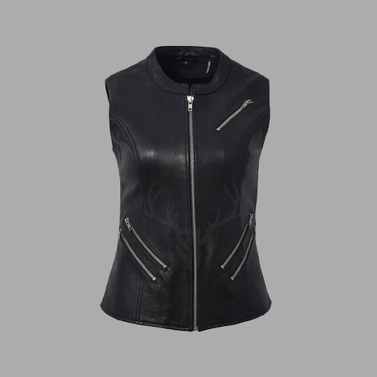 ShadowRider Femme women’s biker vest in premium black cowhide leather with zippered closure, tailored for female riders seeking rugged club-style gear.