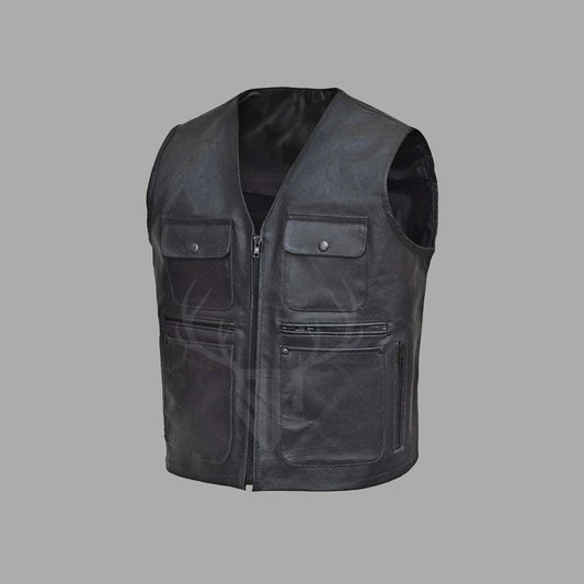 Side profile of the Pro Rider black leather biker vest made from A+ cowhide, showing natural leather grain texture, strong stitching, and multi-pocket functionality. Designed for touring motorcyclists and club riders who need rugged style, practical features, and custom patch-ready space.