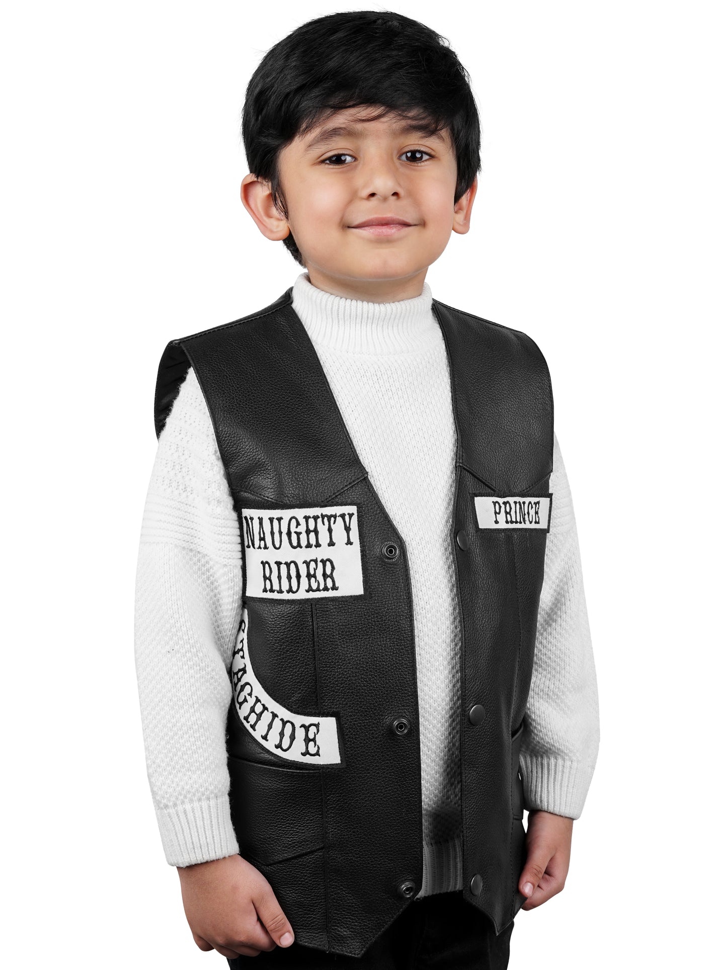 Stylish kids motorcycle club leather vest made from genuine cowhide with custom name, patch, and logo options—perfect for junior bikers and themed events.