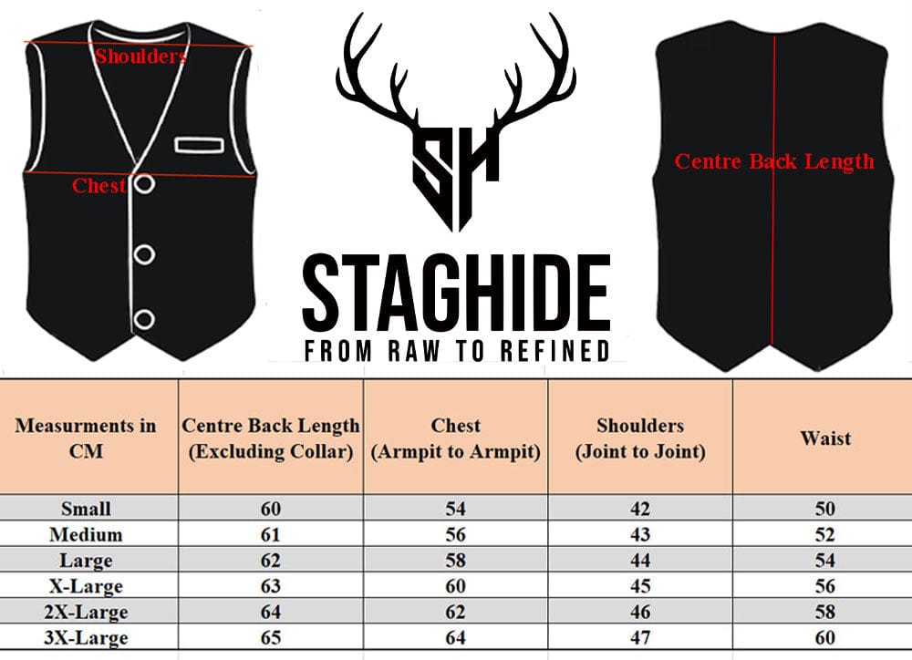 Staghide biker leather vest shown in multiple size options laid out for comparison, perfect for riders looking for a tailored fit in club-style vests, crafted from genuine cowhide leather for long-lasting wear.