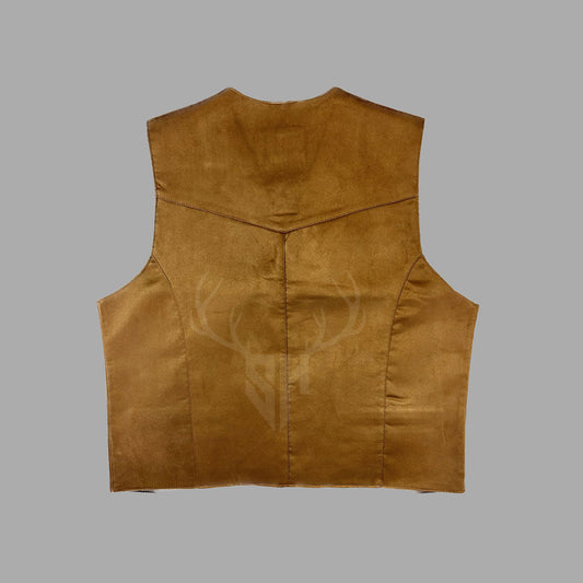 Backside image of the Stratford Tan Goat Leather Waistcoat highlighting the clean, tailored cut and smooth leather surface—suitable for men's fashion wear, rustic wedding styles, or groomsmen leather vests in a modern or vintage setting.
