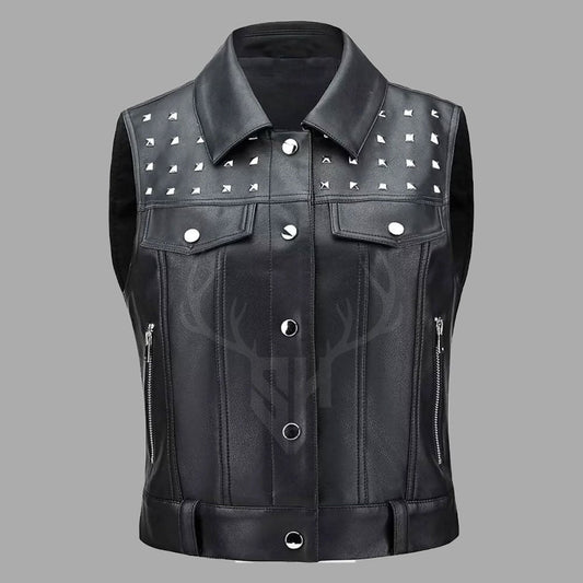 Studded leather motorcycle vest for bikers, made from A+ cowhide leather, showcasing bold studs and customizable features for club riders and solo adventurers.