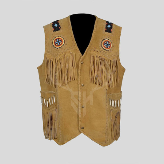 Tan leather western vest featuring handmade fringe and artisan beads