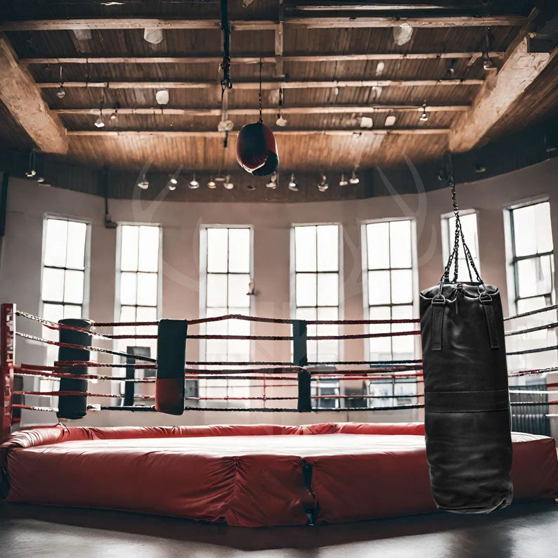 The Black Buffalo Striker Leather Heavy Punching Bag hanging securely by heavy-duty stainless steel chains and fasteners in a professional gym environment. Ideal for boxing, MMA, and fitness training, this premium cowhide leather bag ensures realistic opponent movement and superior durability. A must-have for serious martial artists and fighters.