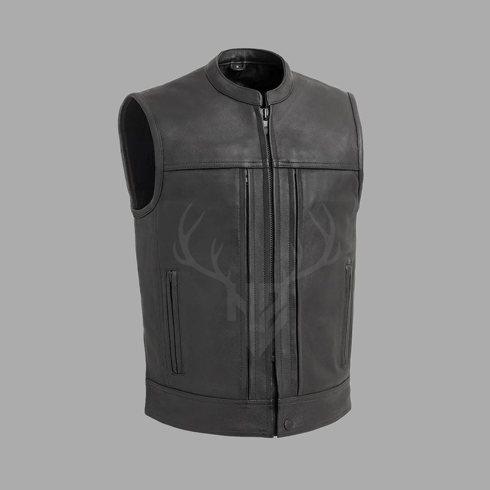 The Vortex custom biker vest features premium cowhide leather, multiple brass zippers, and a rugged design perfect for club riders who need storage and style.