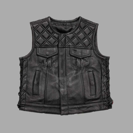 This custom motorcycle leather vest with side laces is made from A+ cowhide leather, offering a classic biker look with adjustable fit, brass buttons, and full personalization options including patches and engravings.
