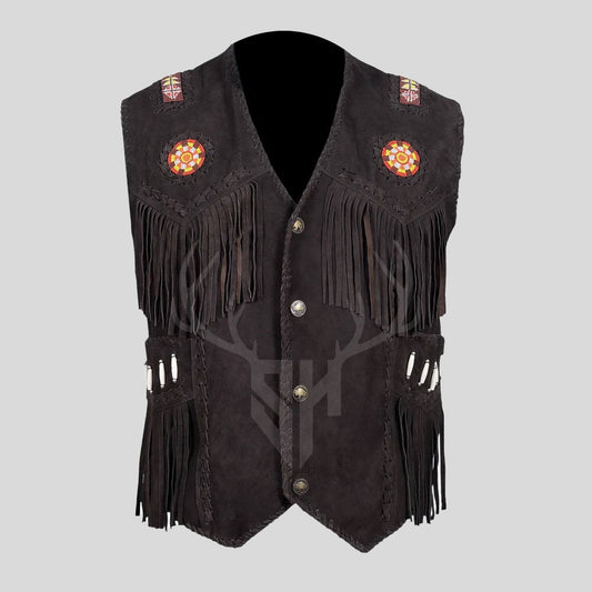 TrailBlaze chocolate brown leather vest for men featuring fringe and beadwork for rodeo and cowboy style.