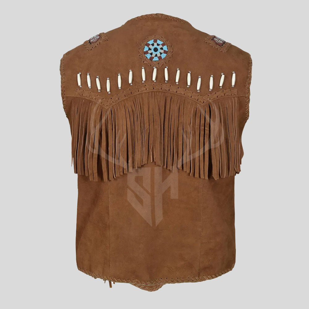 TrailBlaze western vest in brown suede featuring fringe and beadwork details for authentic cowboy fashion.
