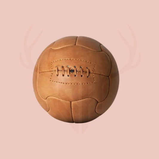 Vintage 1950 Duplo T World Cup leather football showing traditional 1950s panel design and precision hand-stitched craftsmanship, an ideal retro collectible or gift for sports history lovers and football fans.