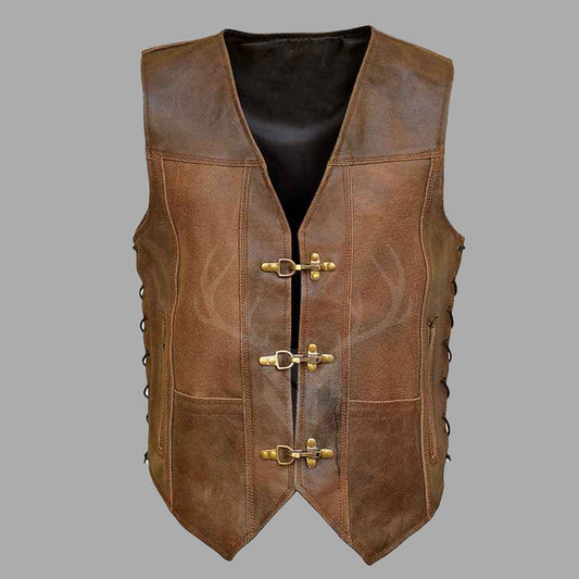 Vintage Cowhide Leather MC Club Vest - Customizable biker vest with hand-waxed cowhide finish, side lace adjustment, hook closure, and multiple pockets, displayed on a white background for clear product view and detailing.
