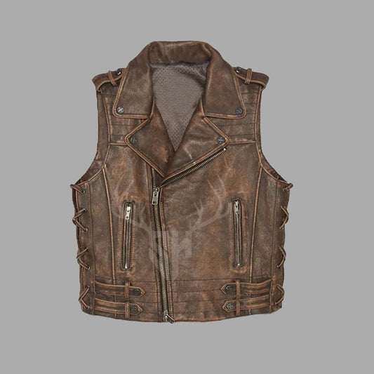 Vintage brown cowhide leather steampunk vest for cosplay, crafted with brass buttons, rugged Victorian design, and customizable options for unique style.