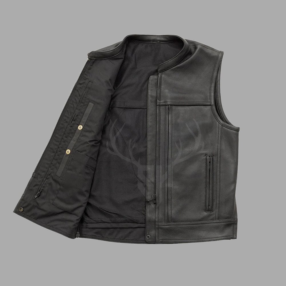 Vortex zippered leather motorcycle vest offers a modern biker look with durable cowhide, customizable patch space, and breathable lining for long rides.