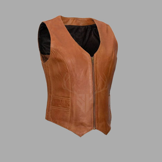 Rustic Rider Women's Brown Leather Biker Vest made from premium A+ cowhide leather, featuring sleek front zipper closure, brass accessories, and a fitted silhouette—ideal for female riders looking for customizable motorcycle club apparel with comfort and rugged style.