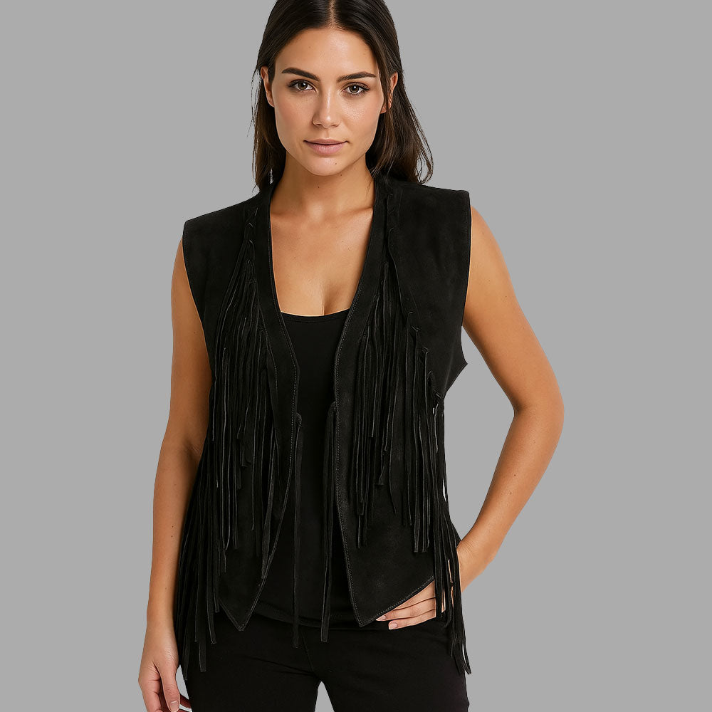 Nova Black Suede Fringe Vest for Women – Western Style