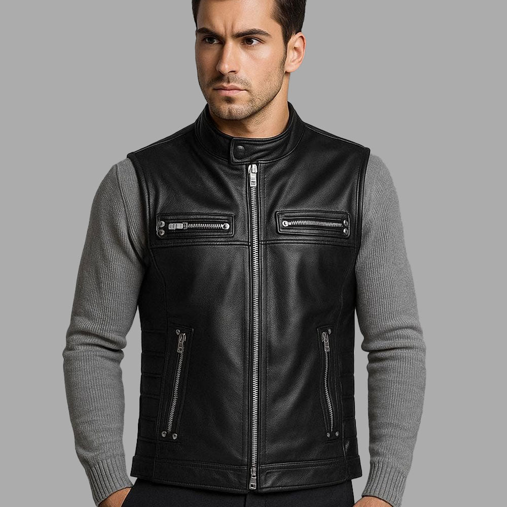 Ironcore Black Padded Leather Club Vest with Zippered Pockets