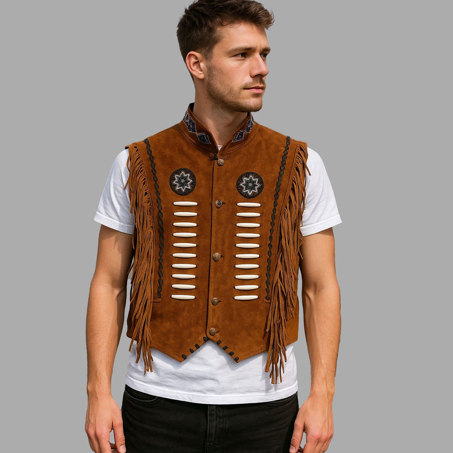 Sundown Beaded Brown Fringe Suede Cowboy Vest