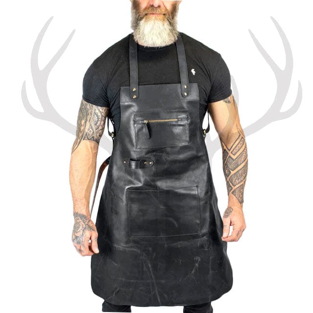 black leather apron, full-grain leather work apron, adjustable leather apron, premium leather apron, durable leather work apron