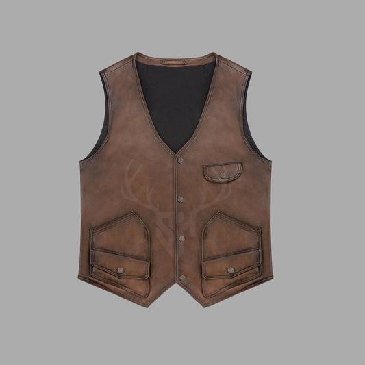 Brownstone distressed cowhide leather vest for men featuring rugged multi-pocket design, premium brass buttons, and vintage brown finish. Ideal for motorcycle riders, western fashion lovers, and club members looking for a customizable leather vest.