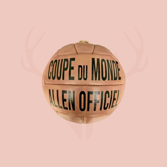 Detailed close-up of the handcrafted stitching and vintage leather laces on the 1938 World Cup replica soccer ball—showcasing authentic craftsmanship, high-quality full-grain cowhide, and a classic 12-panel design ideal for historical collectors.