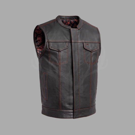 This Redline Cowhide Biker Vest features premium A+ cowhide leather and a bold red printed interior lining. Designed for motorcycle riders and MC club members, this customizable vest includes brass buttons and rugged detailing, making it a standout addition to any biker's wardrobe