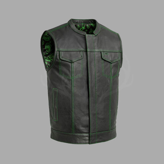 Greenline cowhide leather motorcycle vest for men with printed green polyester lining, brass button details, and customizable design for MC club patches and engravings. Rugged biker vest made from premium cowhide leather ideal for riders and motorcycle enthusiasts.