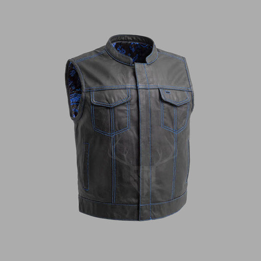 BlueMark black cowhide motorcycle vest for men featuring brass button closure, sleek front profile, and premium craftsmanship. This customizable biker vest includes a bold printed blue interior lining, offering both rugged durability and inner flair. Ideal for club riders, motorcycle enthusiasts, and leather fashion fans.
