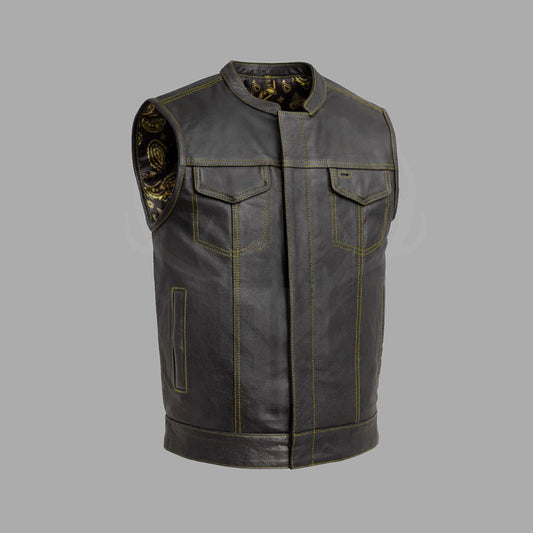Close-up front image of Yellowforge customizable motorcycle leather vest made from premium A+ grade cowhide leather with printed yellow polyester lining, brass buttons, and biker-ready rugged finish. Ideal for SEO keywords like “customizable cowhide leather biker vest with yellow interior.