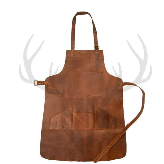 Detailed close-up of ForgeWear Leather Apron stitching and pocket seams in rustic brown full-grain leather, highlighting the premium craftsmanship, textured surface, reinforced seams, and antique brass hardware—perfect for artisans and professionals.