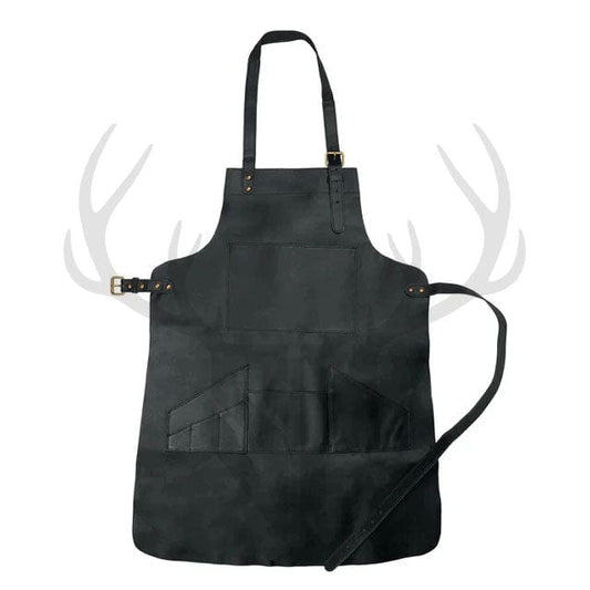 Detailed close-up of the ForgeWear apron’s distressed leather texture and reinforced stitching around the tool pockets, highlighting premium craftsmanship and the rich black vintage finish—perfect for showcasing quality leatherwork.