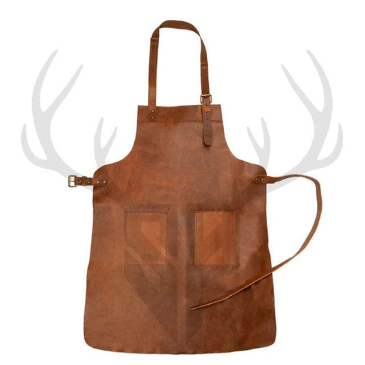Back view of the Stonewood Artisan Leather Apron in rustic brown, showcasing the adjustable neck strap extending to the upper back with a brass slider, and long waist straps tied securely at the lower back. The rear design emphasizes ergonomic fit and balanced weight distribution, offering both comfort and support during extended wear. Ideal for artisans, chefs, and crafters who need unrestricted movement.