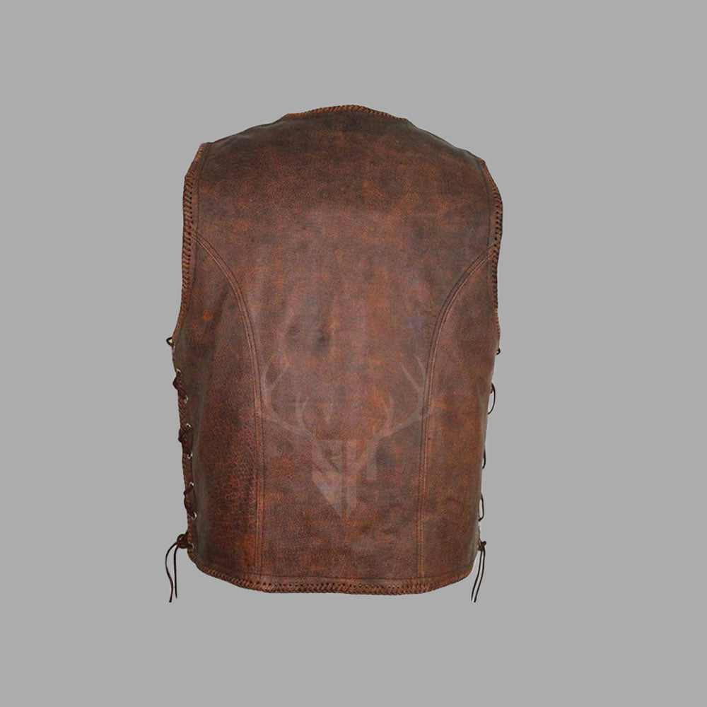 Back view of Ironridge Brown Leather MC Vest with full smooth panel ideal for custom patches, logos, or club engravings. Constructed from durable vintage cowhide leather, this vest is built for high-performance wear on the road and at events.