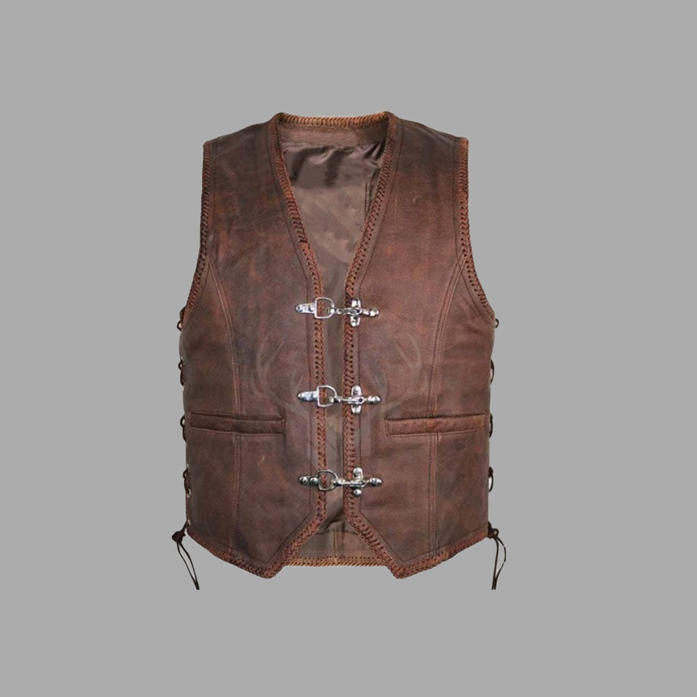 Ironridge Brown Vintage Leather MC Vest made from A+ cowhide leather featuring side lace closure, ribbed borders, and secure hook front. This customizable motorcycle club vest showcases a rugged design ideal for bikers and Western-style enthusiasts looking for premium quality and durability.