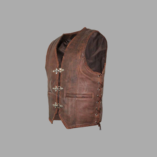 Side profile of Ironridge Vintage Brown Leather Biker Vest showing adjustable side laces for a tailored fit. Crafted from hand-waxed cowhide leather, this vest is perfect for motorcycle club members and fashion-forward riders seeking a bold, rebellious look.