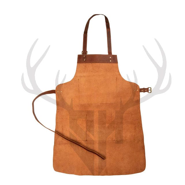 Rear view of the ForgeWear Rustic Leather Work Apron showcasing the adjustable neck strap crossing over the back and the extended waist straps tied securely around the body. The back design ensures a balanced weight distribution and full coverage for long work sessions—ideal for artisans, woodworkers, chefs, and craftsmen seeking comfort and functionality in rugged environments.