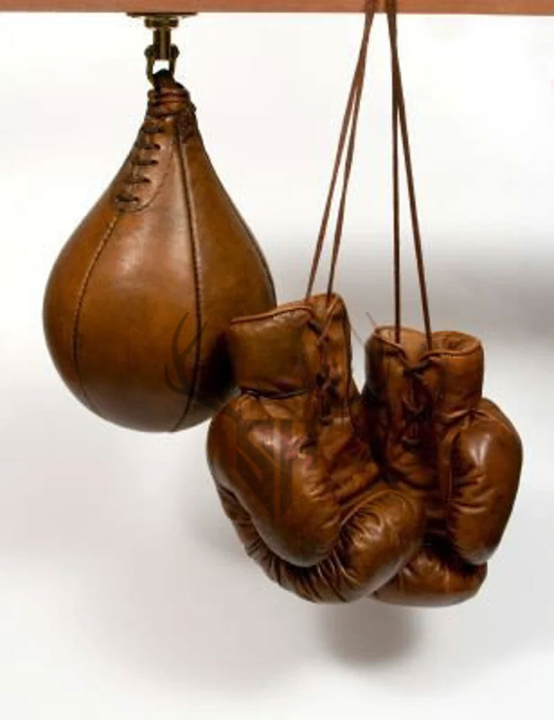 Full front and side view of Retro Vintage Tan Boxing Gloves on white background, showcasing the complete design, patina finish, and durable lace-up construction.