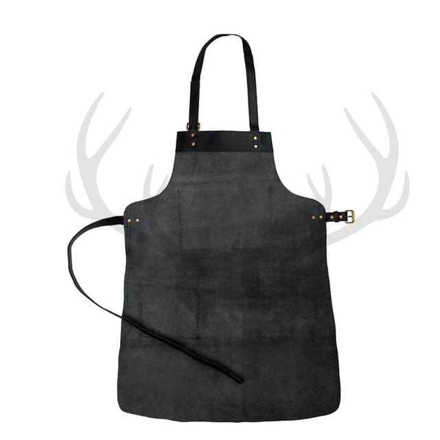 Rear view of the ForgeWear Deep Black Leather Apron, showing neck and waist straps in action—secured comfortably around the back with a clean, minimal profile. Designed to distribute weight evenly while offering flexibility and support for all-day wear.