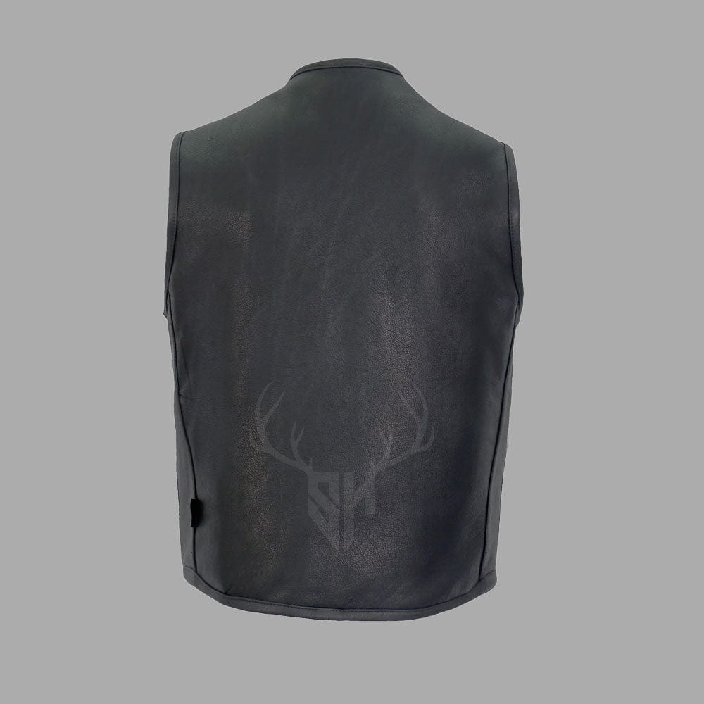 Back view of the Shadowline Men's No-Collar Leather Motorcycle Vest featuring a clean, patch-ready leather panel with side seams.
