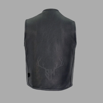 Back view of the Shadowline Men's No-Collar Leather Motorcycle Vest featuring a clean, patch-ready leather panel with side seams.
