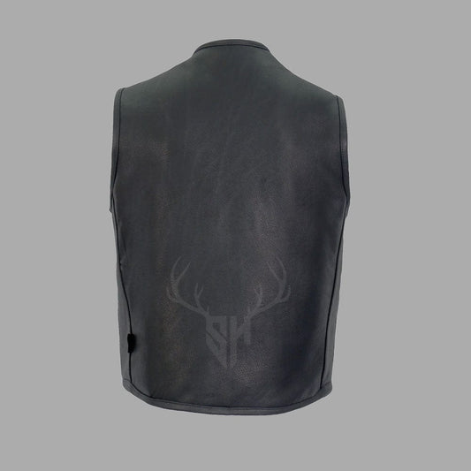 Back view of the Shadowline Men's No-Collar Leather Motorcycle Vest featuring a clean, patch-ready leather panel with side seams.

