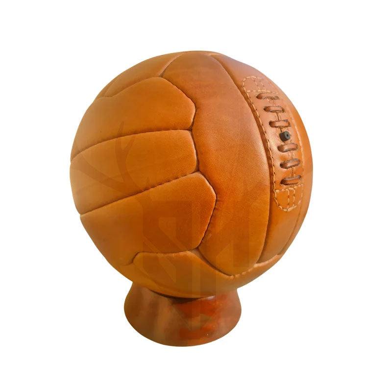 Side profile view of the 1934 Federale 102 replica soccer ball, showing the authentic hand-stitched leather panels and vintage finish that brings old-world football nostalgia to life for collectors and sports fans.


