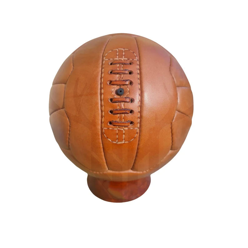 Top-down close-up of the Federale 102 vintage football, highlighting the intricate stitching, premium cowhide leather material, and precision-crafted lacing used in the 1934 FIFA World Cup ball replica.

