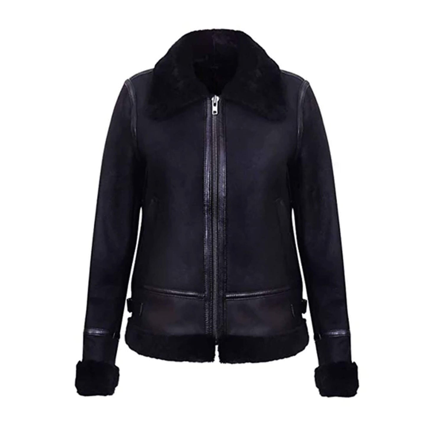 Women’s Raven Black Shearling Leather Jacket with premium cowhide leather body, soft black shearling collar, full shearling lining, and YKK zipper closure. Perfect for winter fashion, casual styling, and elegant cold-weather outerwear.
